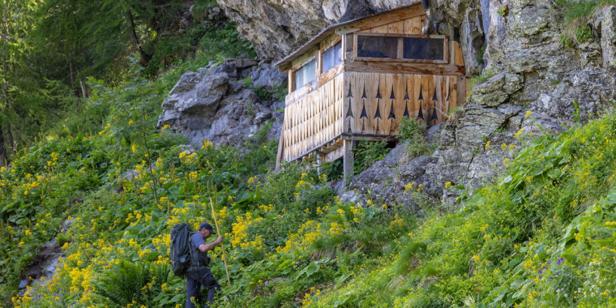 Jean-Michel Bertrand à la belle saison grimpant pour rejoindre un poste d'observation en bois installé à flan montagne. Photo ayant servi pour l'affiche du film.